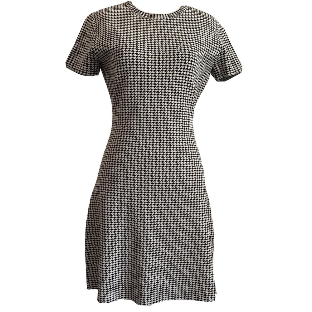 Theory Small Mini Dress Houndstooth Stretch Knit Pullover Short Sleeve Career